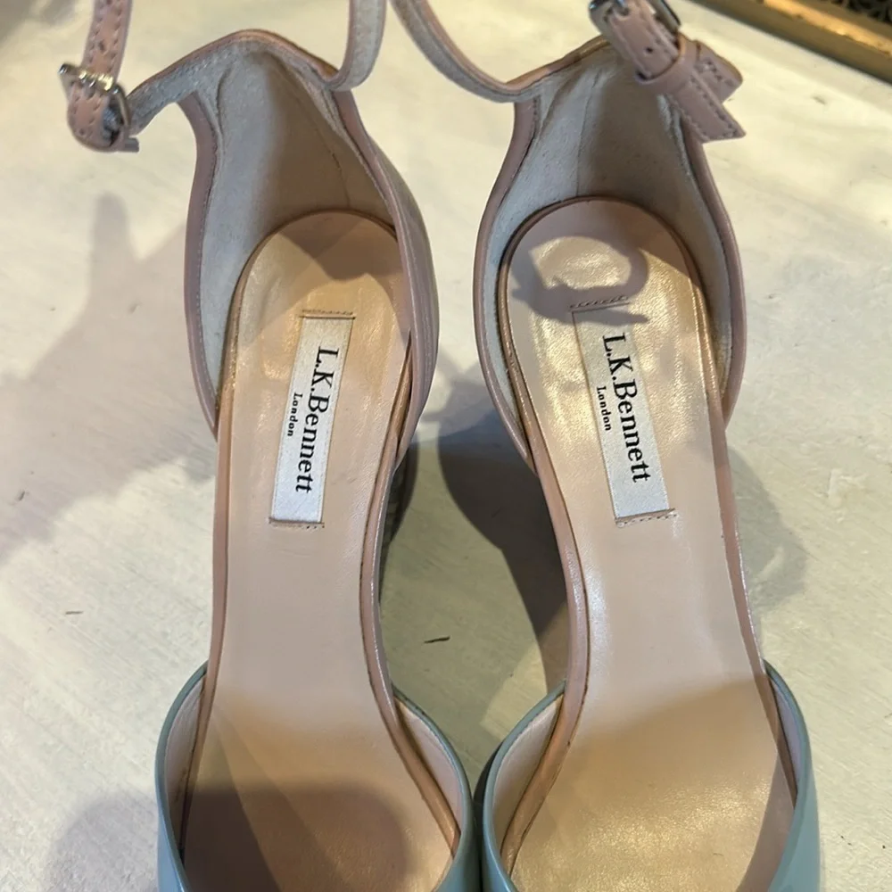 L.K. Bennett Coco Eau De Nil Wedge Shoes Leather Made Spain Size 38.5 High Heels